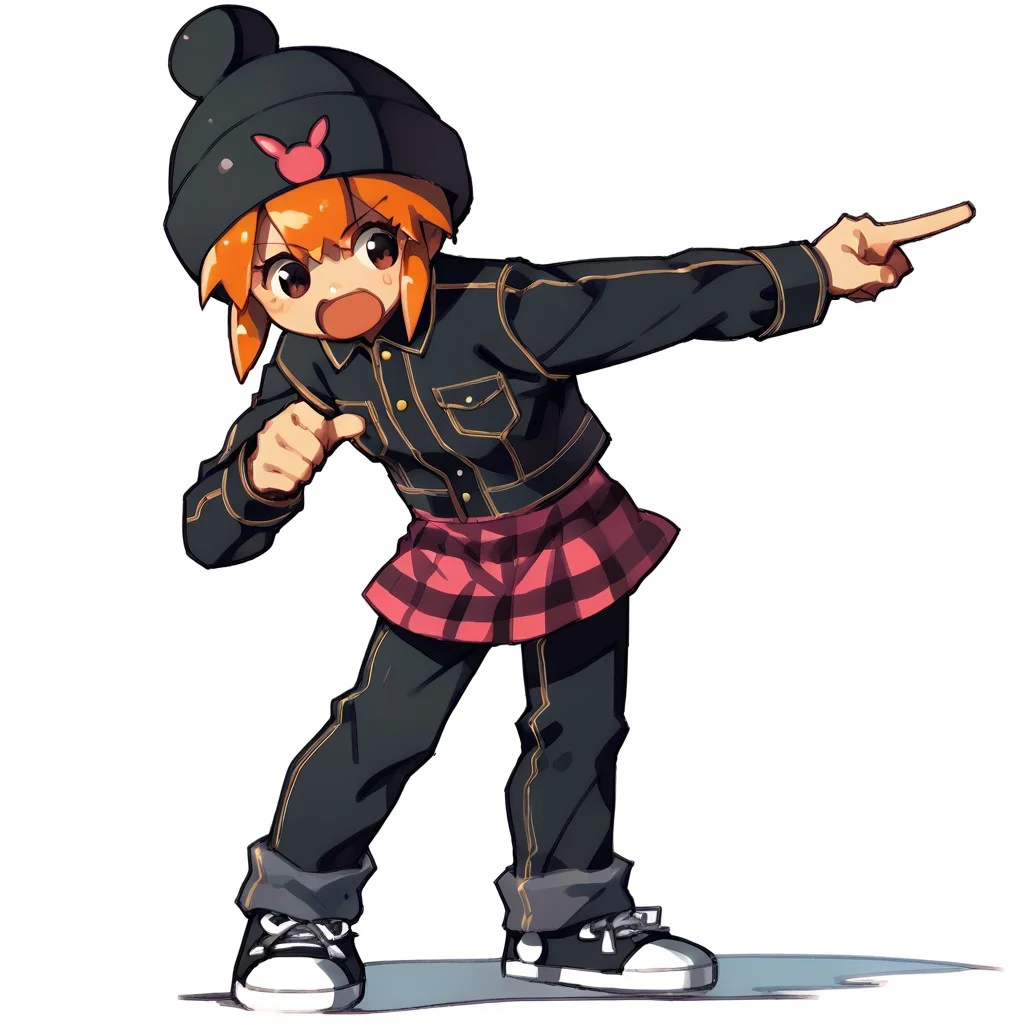 score_9, score_8_up, score_7_up BREAK full body, usagi_kurokawa, beanie, black headwear, hat ornament, orange hair, bangs, short hair, sidelocks, denim jacket, black jacket, collared jacket, breast pocket, long sleeves, skirt, plaid skirt, pants under skirt, black pants, jeans, sneakers, black footwear, pointing forward, pointing, standing,