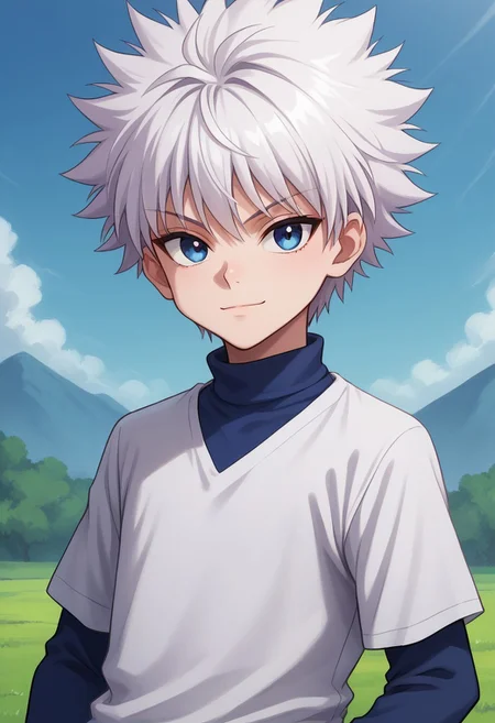 score_9, score_8_up, score_7_up, source_anime, highly detailed,
killuazoldick, 1boy, solo, male focus, white hair, blue eyes, upper body, shirt,
looking at viewer, long sleeves, layered sleeves, standing, closed mouth,
spiked hair, hand in pocket, short over long sleeves, white shirt,
short hair, short sleeves, bangs, turtleneck, blue shirt, grey shirt, smirk,
outdoor, sky,
