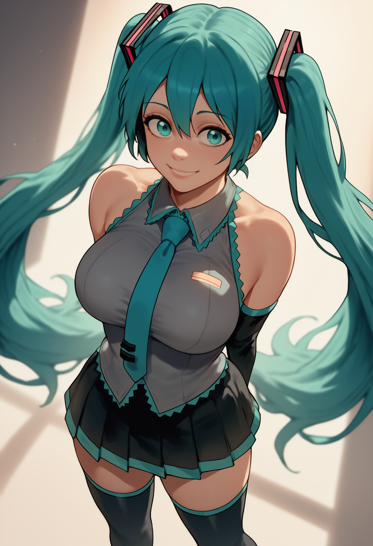 score_7_up, score_6_up, solo, 1girl, hatsune miku, smile, looking at you, standing, arms behind back, aqua hair, twintails, aqua eyes, grey shirt, sleeveless shirt, aqua necktie, detached sleeves, black skirt, black thighhighs, bare shoulders, large breasts, spotlight
<segment:yolo-face_yolov8m.pt,0.4,0.5//cid=1>