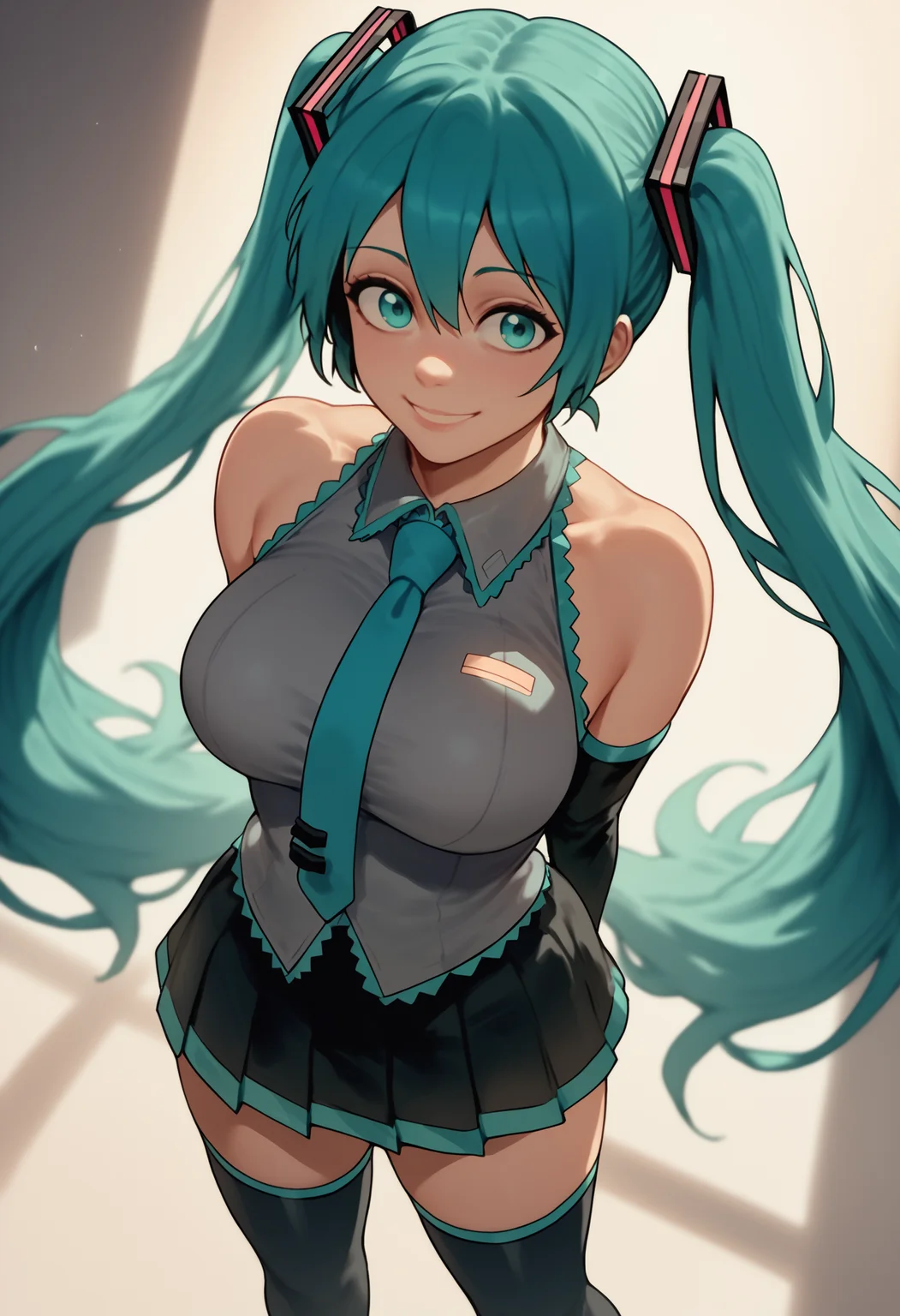 score_7_up, score_6_up, solo, 1girl, hatsune miku, smile, looking at you, standing, arms behind back, aqua hair, twintails, aqua eyes, grey shirt, sleeveless shirt, aqua necktie, detached sleeves, black skirt, black thighhighs, bare shoulders, large breasts, spotlight
<segment:yolo-face_yolov8m.pt,0.4,0.5//cid=1>