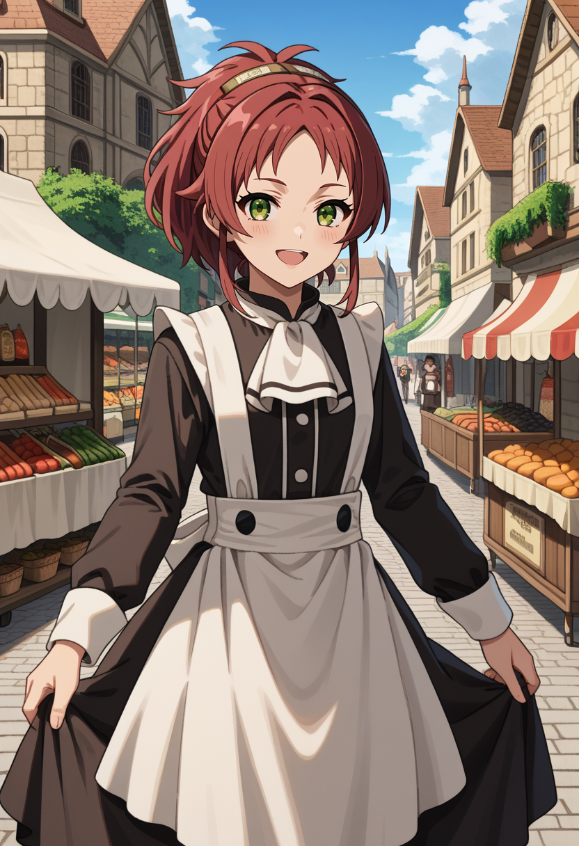 score_9,
<lora:MushokuTensei_AishaGreyratXL:0.8>, AishaGreyrat,
1girl, solo, open mouth, smile, light blush,
red hair, green eyes, ponytail, hairband,
maid, black dress, maid apron, ascot, long sleeves, white pantyhose,
standing, looking at viewer,
market, outdoors, medieval, street, building