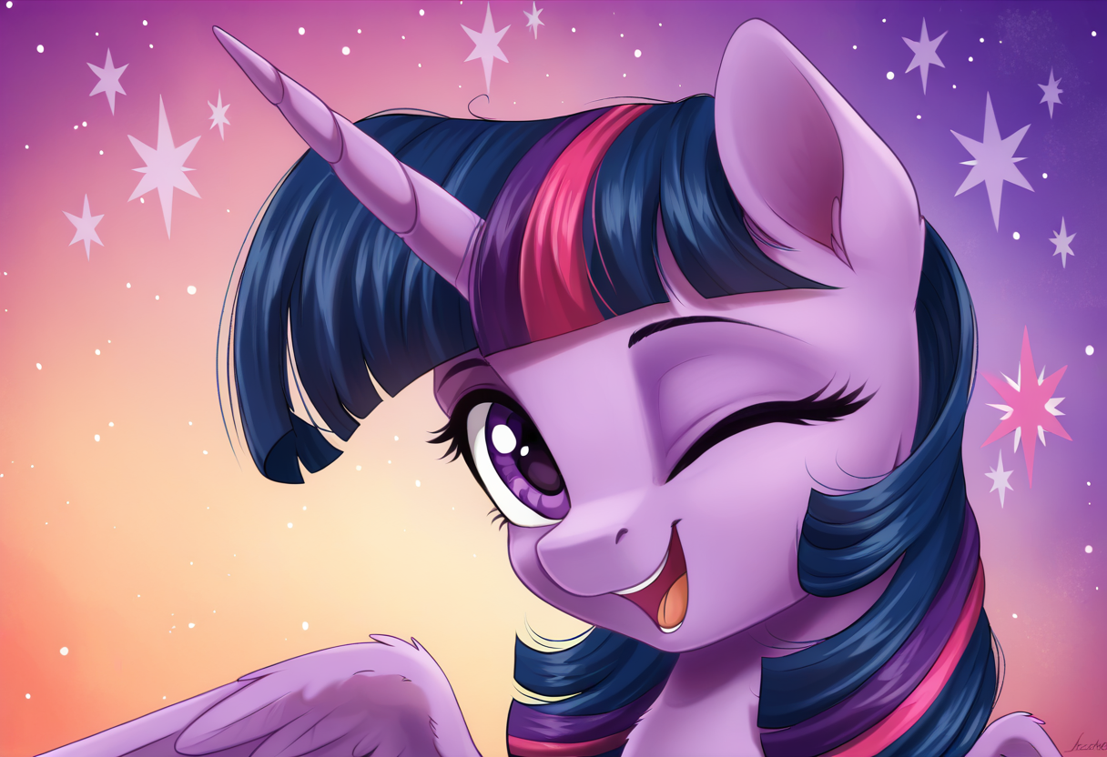 score_9, score_8_up, score_7_up, score_6_up, score_5_up, score_4_up, rating_safe, twilight sparkle, alicorn, female, mare, pony, solo, bust, cute, g4, high res, looking at you, open mouth, wings, wink, one eye closed, twiabetes, twilight sparkle \(alicorn\), winking at you, detailed, beautiful, detailed background, <lora:Wholesome_MLP-v1.2:1>