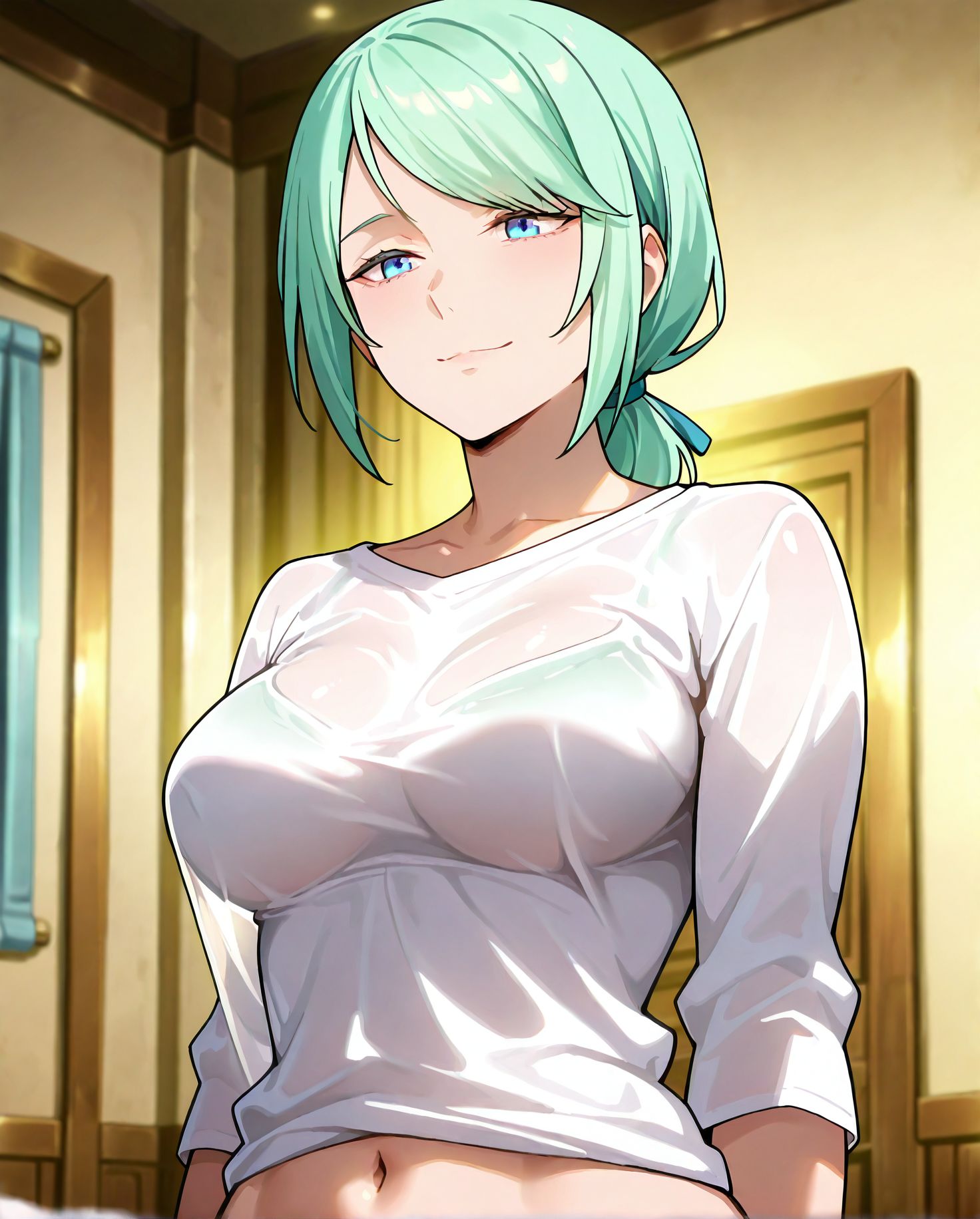 masterpiece best quality newest absurdres highres detailed eyes beautiful detailed background perfect eyes anime coloring anime screencap<lora:add-detail-xl:0.5>,
<lora:sheer_clothing:0.9>,sheer_clothingV1,
1girl,breasts,solo,
navel,white shirt, 
sheer clothing with breasts,
BREAK
<lora:TenSura_Myulan_IlluXL:0.9>, 1girl, solo, closed mouth, light smile, low ponytail, swept bangs, green hair, blue eyes,
mature female, 20YO,