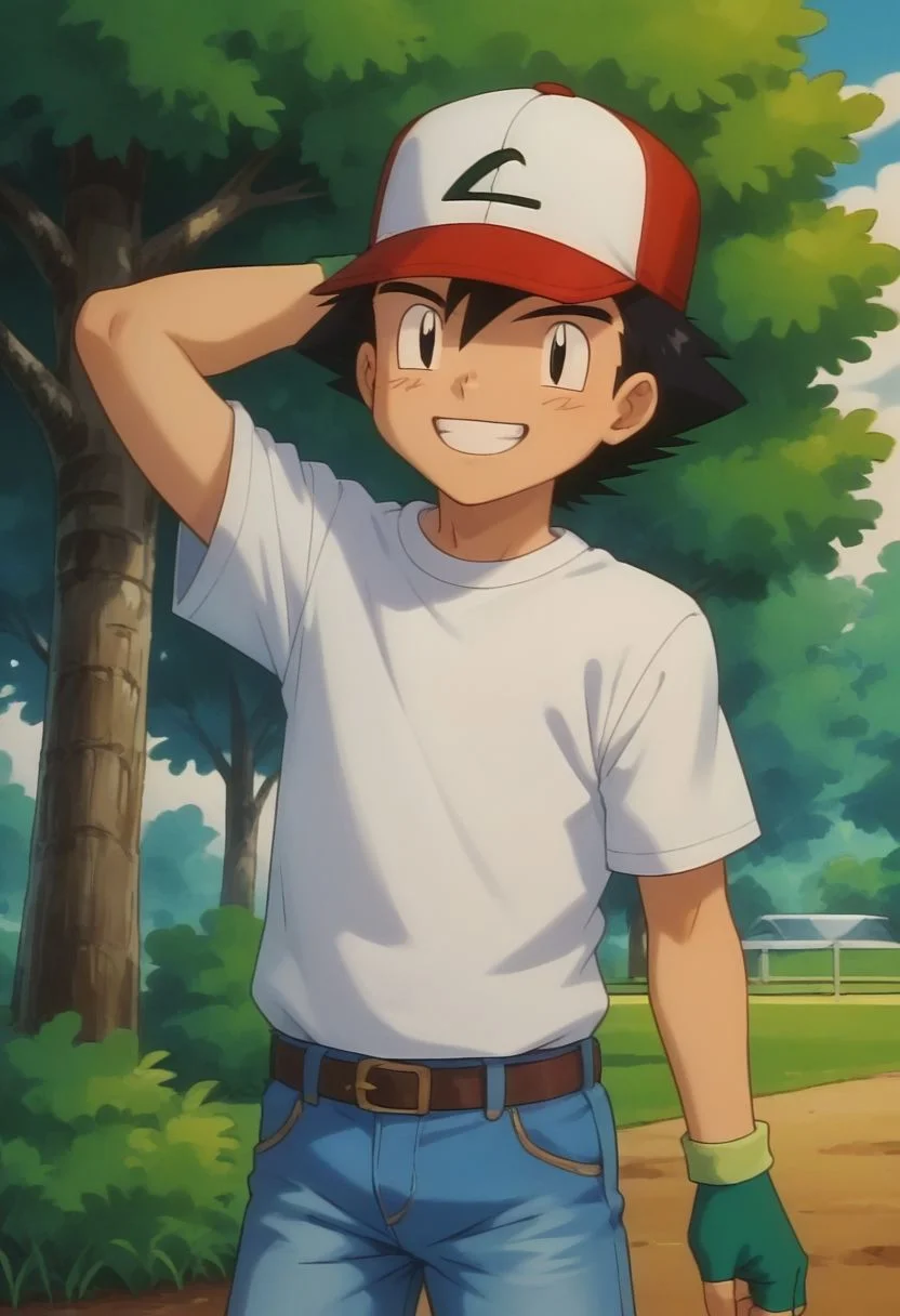 score_9, score_8_up, score_7_up, source_anime, highly detailed, 1boy, solo, male_focus, slender, skinny,
ash_kanto, hat, gloves, solo, fingerless gloves, baseball cap, black hair, blue denim, hands behind head, smile, teeth,
outdoor, park, grass, trees, human child,