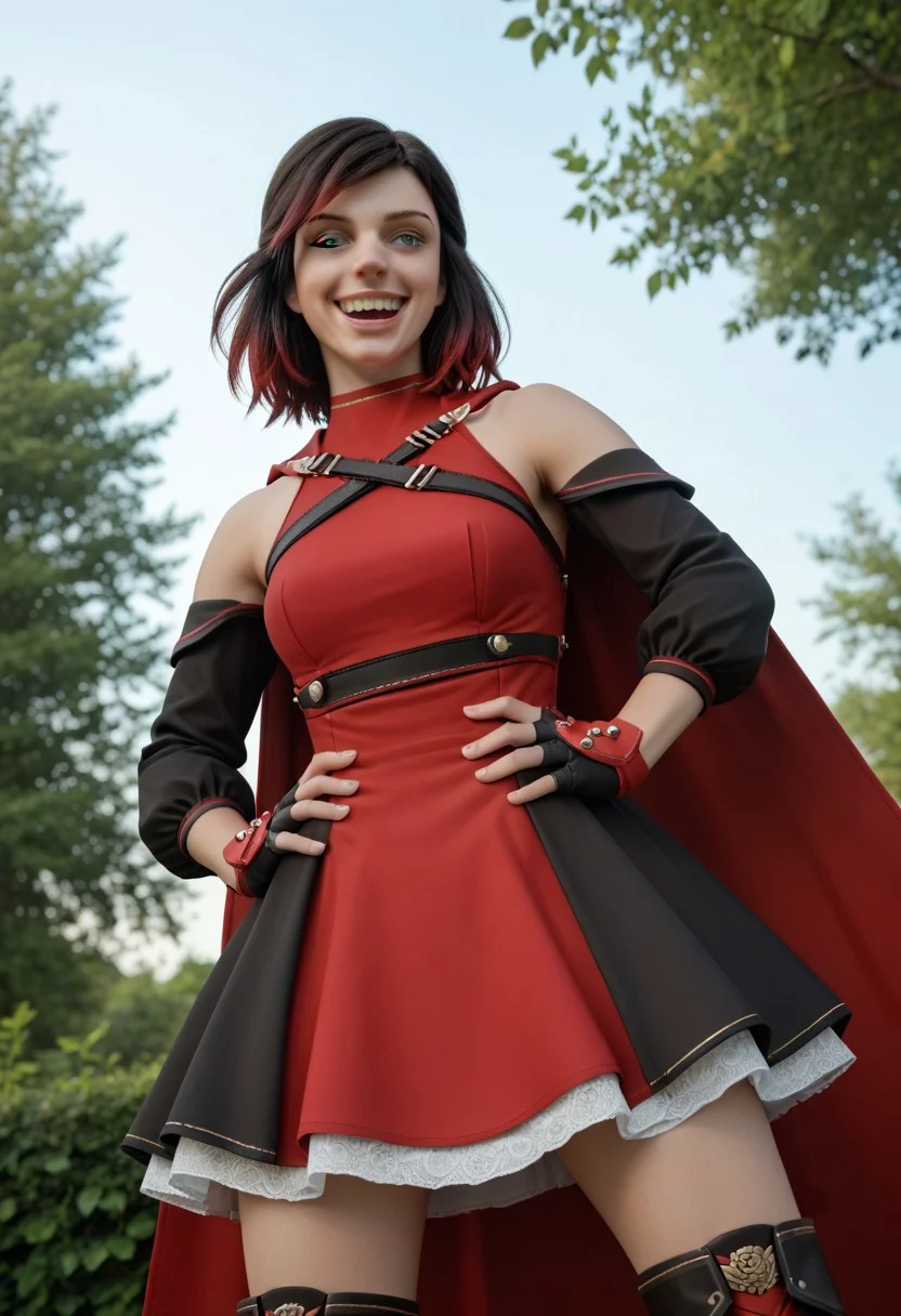 score_9, score_8_up, score_7_up,, high res ima , source_photo, source_real, (realistic:1.4),
,
close up face, 
1girl, cowboy shot, solo, outdoors, smile, looking at viewer, <lora:Summer_Rose_-_IL:0.8> SummerRose_RWBY,  short hair, black hair,gradient hair, grey eyes, fingerless gloves, detached sleeves, bare shoulders,  red dress,pantyhose, red cape, boots, masterpiece, best quality, good quality, newest, 
hands hip, crazy pose, low angle, from back:2