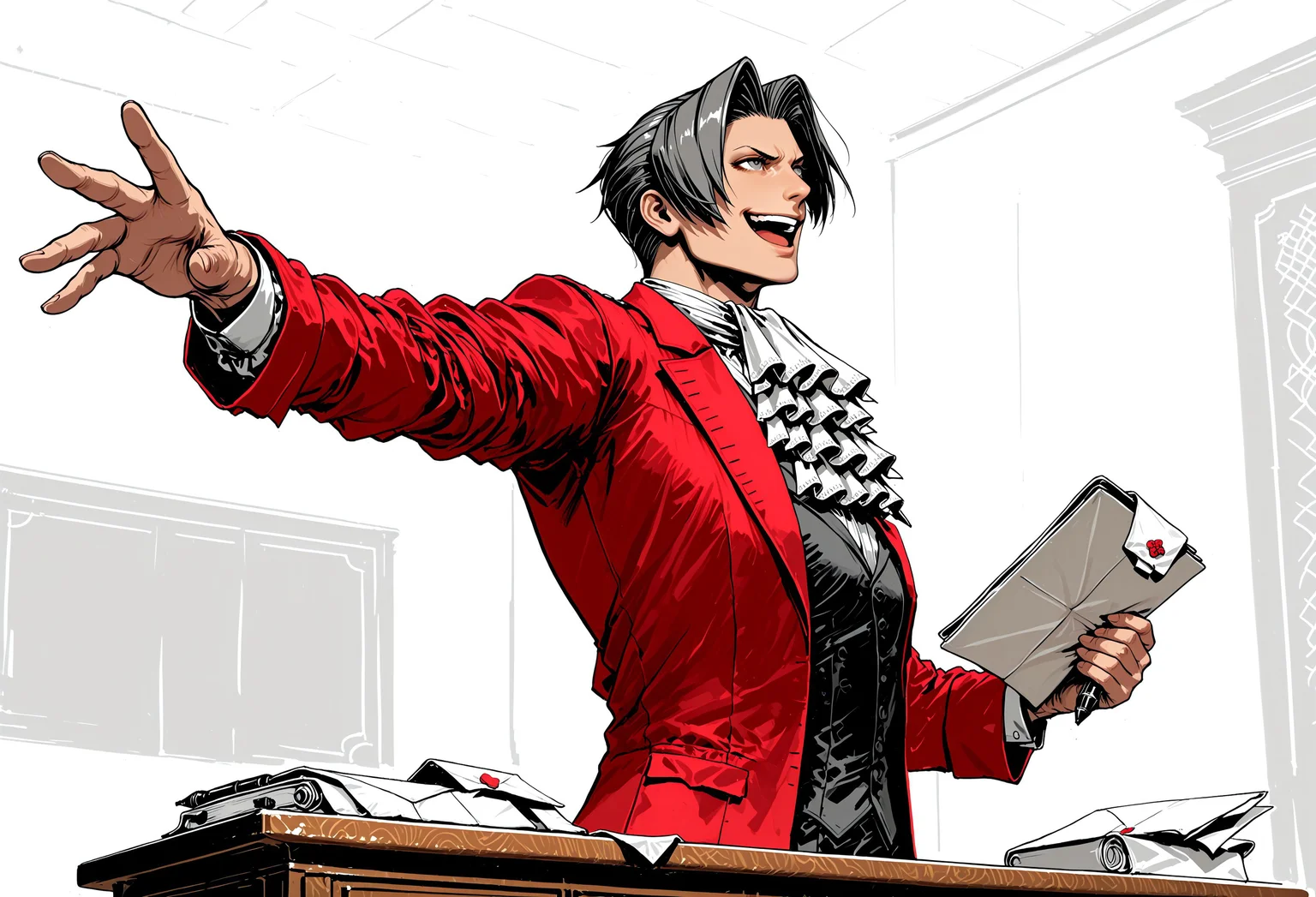 c0rtr00m,1boy,solo,flat colors,lineart,limited palette,portrait,,limited palette,ink pen,cMiles Edgeworth,one empty hand,hand on counter,courtroom,indoor,outstretched arm,((holding files with one hand,holding file folder,document envelope,folder,envelope)),dark hair,swept back hair,dramatic,dramatic stance,dynamic pose,stylish,((perfect eyes,dark eyes,grey eyes,)),G0thicL1nes, ,looking up,r ,detailed eyes,smug,standing,posing,ascot,red jacket,,fierce expression,,prideful,long arm,((hand on counter)),from below,from distance,spread angle,slighty angry, ,expressive,cinematic,side view,indoors,far away,cute,handsome,young,smug smile,open mouth,semirealistic