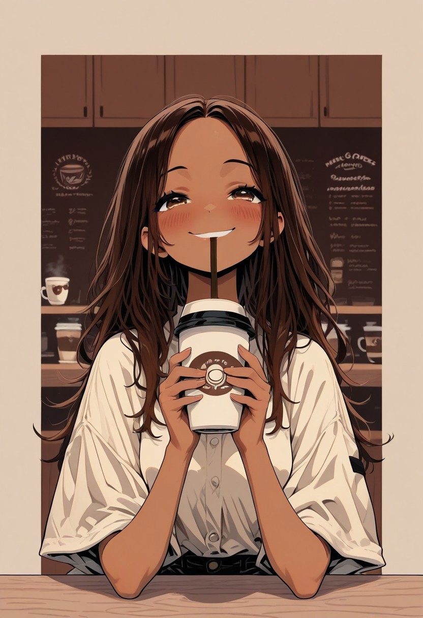 1girl, solo, long hair, dark brown hair, dark skin,  holding a coffee, coffee shop sitting, blush, drinking ,portrait ,smiling outside border, masterpiece ,best quality ,amazing quality, neo_pop