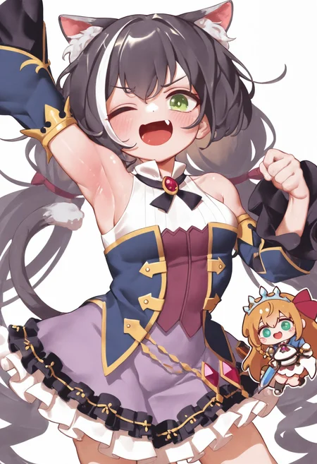 ,karyl \(princess connect!\), pecorine \(princess connect!\), 1girl, solo, long hair, breasts, looking at viewer, blush, smile, open mouth, simple background, skirt, multiple girls, black hair, long sleeves, white background, dress, holding, animal ears, ribbon, hair between eyes, 2girls, jewelry, bare shoulders, very long hair, twintails, medium breasts, green eyes, tail, white hair, weapon, multicolored hair, one eye closed, detached sleeves, sleeveless, fang, cat ears, wide sleeves, armpits, holding weapon, chibi, orange hair, streaked hair, arm up, animal ear fluff, cat tail, low twintails, cat girl, ;d, tiara, gem, brooch, clenched hand, skin fang, purple skirt,,masterpiece,best quality,newest,absurdres,highres,very awa <lora:None:1.0> <lora:VillainChin_Style:0.9500000000000002>