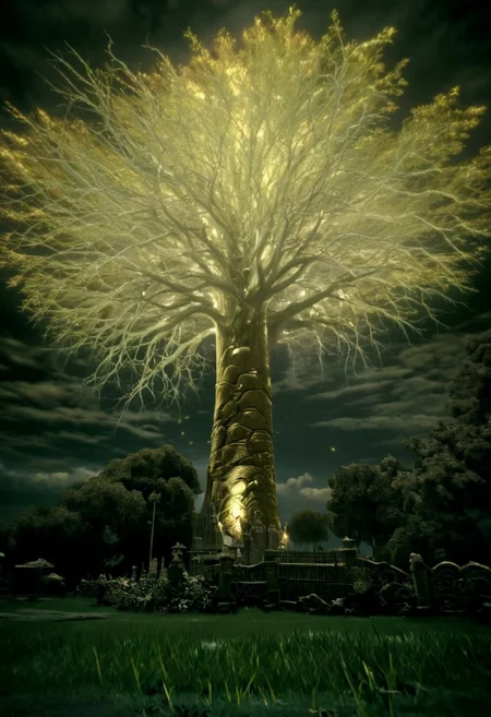 score_9, score_8_up, score_7_up, score_6_up, score_5_up, score_4_up,
1enormous tree, the tree reaches the sky, the leaves of the tree are golden and light up the clouds with a golden hue,
at night, grass, dark, low-key,  w3ers, scenery, gloomy,