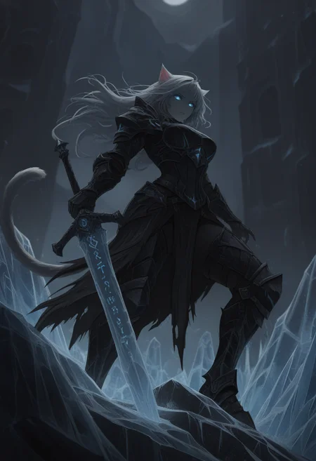 masterpiece, best quality, absurdres, dramatic, cinematic, CatGirlStyle, from below,
1girl, solo, cat girl, cat tail, grey hair, glowing eyes,
standing, action pose,
death knight, deathknight, black armor, armored boots, breastplate, sword, runes on sword,
standing on rock,
night, dark, icy, frozen