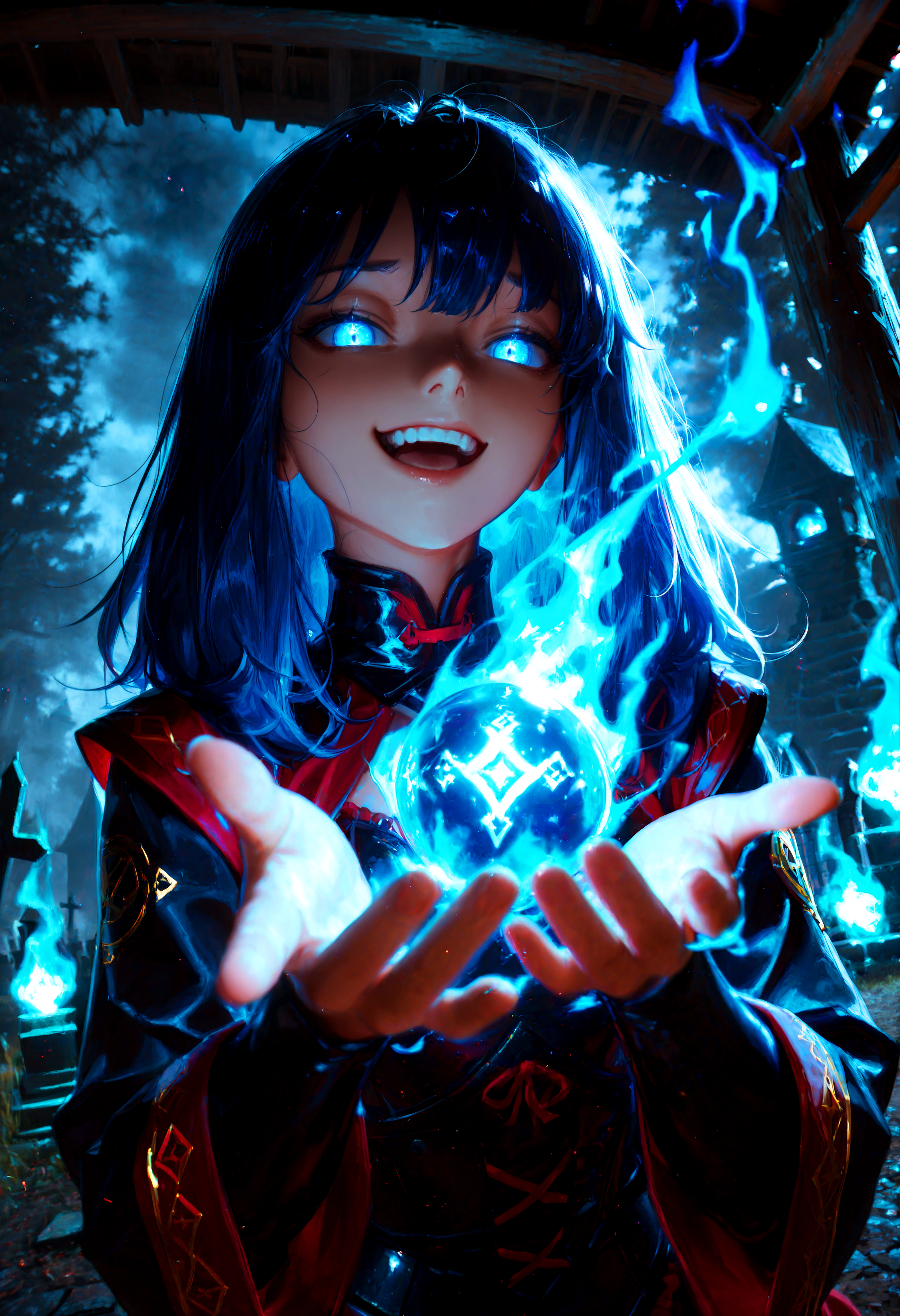 HDR, 8K, high contrast, masterpiece, best quality, amazing quality, very aesthetic, superabsurd res, high resolution, ultra-detailed, absurdres, newest, scenery, (horikoshi kouhei:0.3), (quasarcake:0.3), (wlop:0.3), light rays, chiaroscuro, dynamic angle, 1girl, hkmagic, Wisp, colored skin, blue skin, blue fire, magic, spirit, blue magic, wearing magical dress, casting magical spells, dutch angle, upper body, blue hair, long hair, bangs, glowing eyes, seductive grin smug, graveyard, open mouth, body armor with silver adornments, metal armor, runes, eldritch energies, spiritual energy, reaching out, perfect hand, hand focus, holding a ball of magic, fisheye lens, sinister, medieval inn, melancholy, dramatic, moody, dark, night, fog, Intricately designed, Mysterious Shadows, BREAK, photorealistic, beautiful detailed eyes, detailed skin, detailed hair, volumetric lighting, dappled light, light particles, dramatic shadows, cinematic lighting, photo background, depth of field,<lora:ponyxl\cfg_scale_boost:1> <lora:IL\DarkerThanDarkIllustriousV1:0.8> <lora:IL\FantasyWizardWitchesIL:0.7> <lora:IL\KMS_BetterDays_ILXL:1.25>