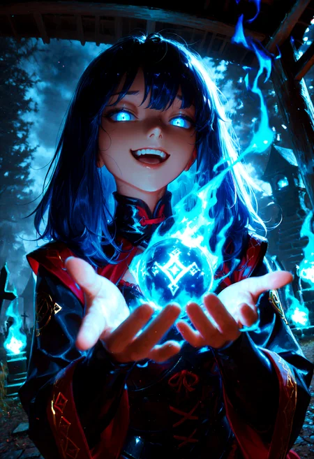 HDR, 8K, high contrast, masterpiece, best quality, amazing quality, very aesthetic, superabsurd res, high resolution, ultra-detailed, absurdres, newest, scenery, (horikoshi kouhei:0.3), (quasarcake:0.3), (wlop:0.3), light rays, chiaroscuro, dynamic angle, 1girl, hkmagic, Wisp, colored skin, blue skin, blue fire, magic, spirit, blue magic, wearing magical dress, casting magical spells, dutch angle, upper body, blue hair, long hair, bangs, glowing eyes, seductive grin smug, graveyard, open mouth, body armor with silver adornments, metal armor, runes, eldritch energies, spiritual energy, reaching out, perfect hand, hand focus, holding a ball of magic, fisheye lens, sinister, medieval inn, melancholy, dramatic, moody, dark, night, fog, Intricately designed, Mysterious Shadows, BREAK, photorealistic, beautiful detailed eyes, detailed skin, detailed hair, volumetric lighting, dappled light, light particles, dramatic shadows, cinematic lighting, photo background, depth of field,<lora:ponyxl\cfg_scale_boost:1> <lora:IL\DarkerThanDarkIllustriousV1:0.8> <lora:IL\FantasyWizardWitchesIL:0.7> <lora:IL\KMS_BetterDays_ILXL:1.25>