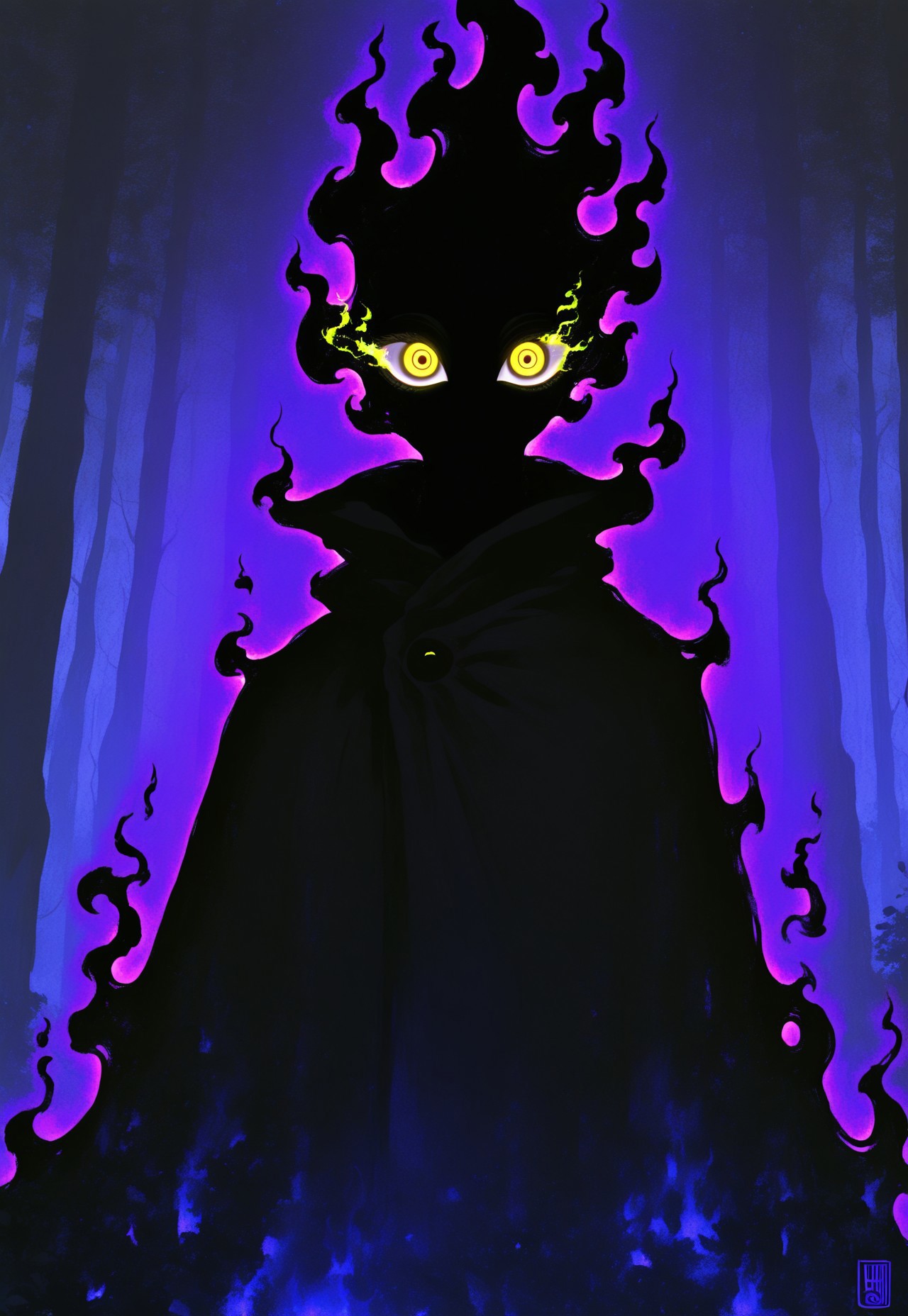 masterpiece, newest,absurdres,incredibly absurdres, best quality, amazing quality, very aesthetic, unique angle, cinema angle, ,solo,male, Black cloak, shadow cloak, elemental clothing, black fire, piercing eyes, yellow eyes, glowing eyes, dark mist, forest, dark forest, eye focus, supernatural, supernatural aesthetics. 0__11Xx_illu, weirdtalk_style,
