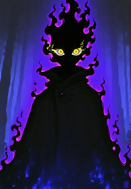 masterpiece, newest,absurdres,incredibly absurdres, best quality, amazing quality, very aesthetic, unique angle, cinema angle, ,solo,male, Black cloak, shadow cloak, elemental clothing, black fire, piercing eyes, yellow eyes, glowing eyes, dark mist, forest, dark forest, eye focus, supernatural, supernatural aesthetics. 0__11Xx_illu, weirdtalk_style,
