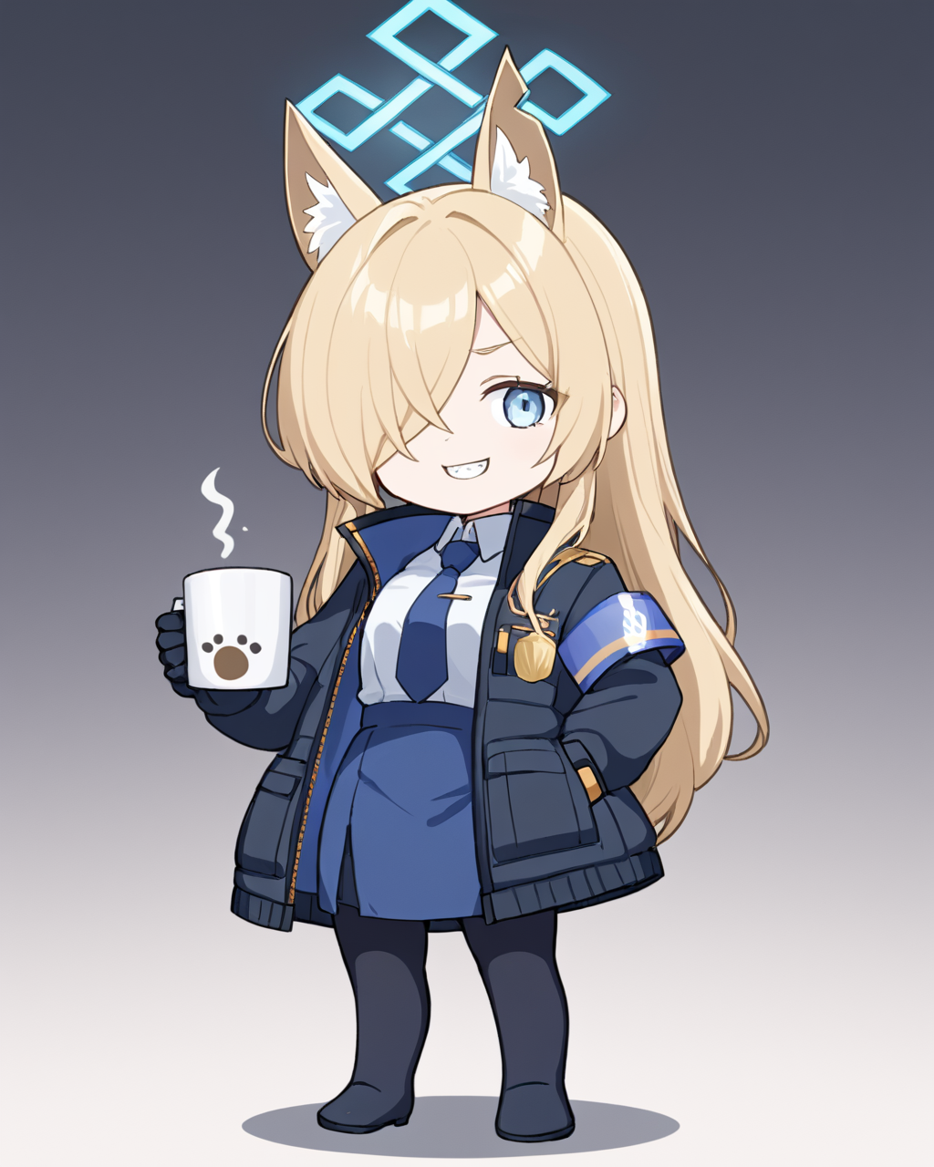 kanna \(blue archive\),1girl, solo, sharp_teeth, hair_over_one_eye, holding_cup, blue_necktie, hand_in_pocket, white_shirt, halo, animal_ear_fluff, black_jacket, long_sleeves, mug, looking_at_viewer, black_gloves, standing, collared_shirt, open_jacket, full_body, black_pantyhose, food, coat, grin, chibi, rice_bowl, blue_skirt, holding_bowl
<lora:kanna_(blue_archive)_image1422_2023-11-28:1>halo. gorgeous,key visual, vibrant, studio anime,award-winning, professional, highly detailed,high budget, cinemascope