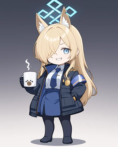 kanna \(blue archive\),1girl, solo, sharp_teeth, hair_over_one_eye, holding_cup, blue_necktie, hand_in_pocket, white_shirt, halo, animal_ear_fluff, black_jacket, long_sleeves, mug, looking_at_viewer, black_gloves, standing, collared_shirt, open_jacket, full_body, black_pantyhose, food, coat, grin, chibi, rice_bowl, blue_skirt, holding_bowl
<lora:kanna_(blue_archive)_image1422_2023-11-28:1>halo. gorgeous,key visual, vibrant, studio anime,award-winning, professional, highly detailed,high budget, cinemascope