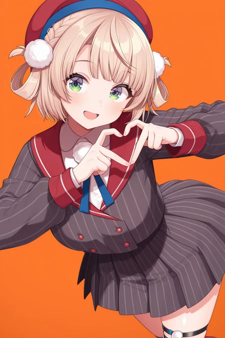 1girl,
ShigureUiVTuber1stCostume, 
safe, solo, dynamic angle,
beret, side braid, hair rings, pom pom hair ornament,
shiny hair, smile,
red sailor collar, neck ribbon, pom pom (clothes),
vertical stripes, striped jacket, large breasts,
puffy sleeves, collared shirt, 
striped skirt, legwear garter,
idol, dancing, heart hands,
simple background, orange background,
<lora:kp_ShigureUiVTuber1stCostumeIllustrious_v1_0:1.0>,
masterpiece, best quality, amazing quality