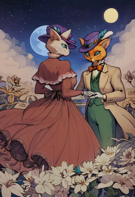 score_9, score_8_up, score_8, cute, in the style of beatrix potter, cel-shading, fca style, baroness louise, white fur, cat, female cat, blue eyes, anthro, gloves, purple hat, elegant hat, red dress, beautiful eyes, 1girl, BREAK
baron humbert, ginger fur, blue eyes eyes, cat, male, anthro, suit, tuxedo, blow-tie, white gloves, 1boy, BREAK
duo, outside, (((from behind, looking at sky, looking away))), moon, at night, starry sky, woth design