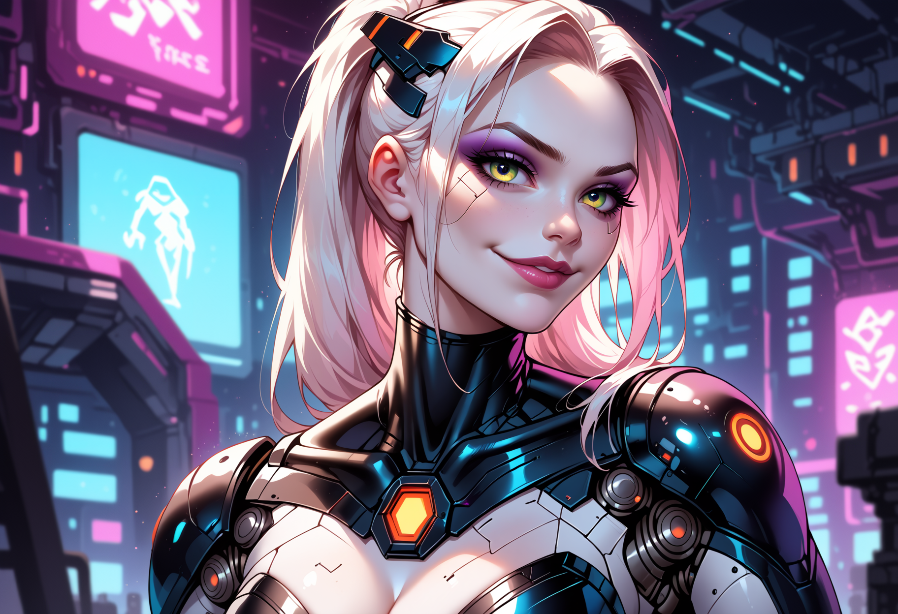 score_9, score_8_up, score_7_up, 1girl, indoor, cyberpunk, science fiction, futuristic bar, reluctant smile, smirk, ((Automaton, colored skin, white skin, joints)),
cute, cleavage, (glowing, neon, neon lighting, neon bar, neon theme), body armor
<lora:MythP0rtr4itStyle:0.8> , zPDXL3, fixl-art