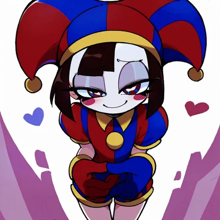 score_9, score_8_up, score_7_up, score_6_up, score_5_up, score_4_up, BREAK source_anime,
pomni, colored skin, blush stickers, half-closed eyes, seductive, smile, standing, jester cap, striped clothes, puffy short sleeves, mismatched gloves, puffy shorts, powerpuff, close-up, from above, POV,  looking at viewer,