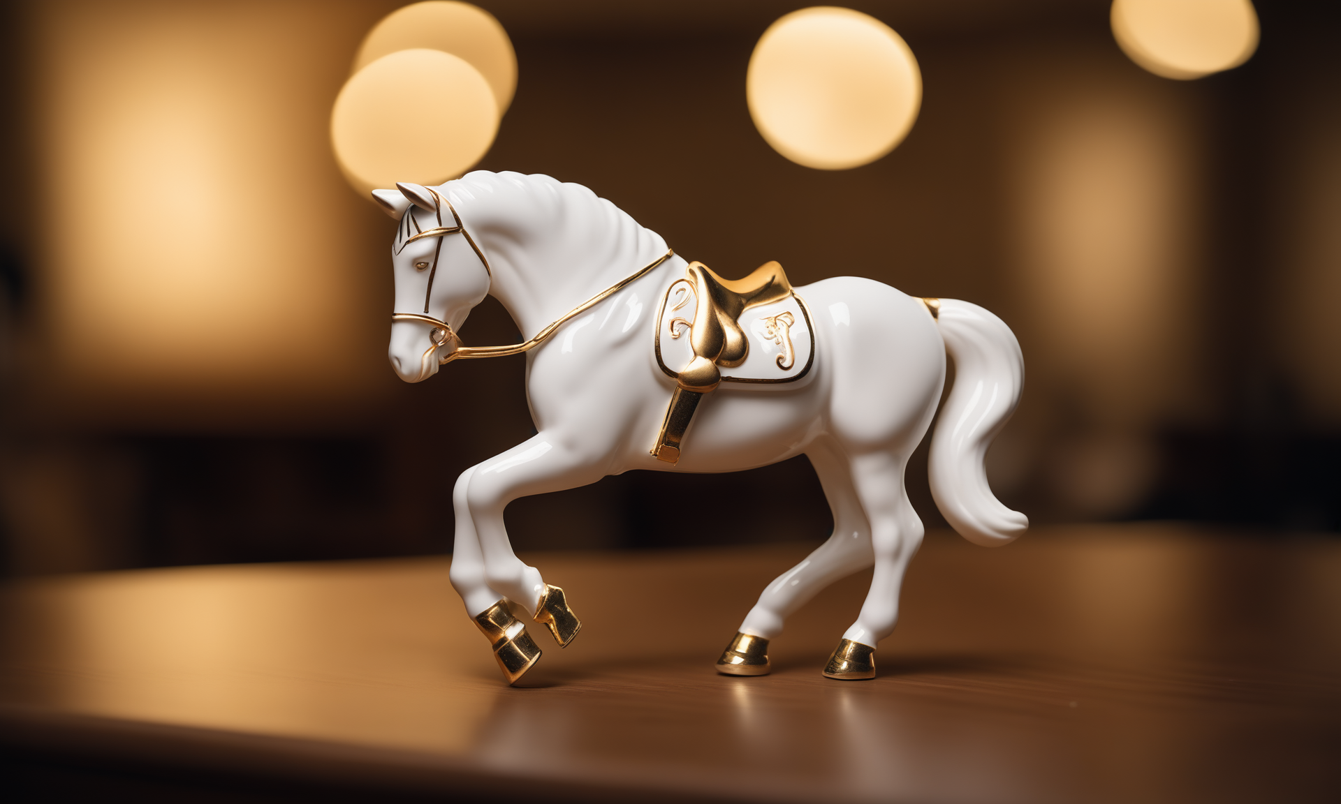 cinematic film still <lora:pcporcelaincd_xl-000006:0.7>,a handmade model toy of a horse made of (pcporcelaincd_xl,porcelain,white theme,gold lacquer,shiny:1.3) in office,no humans,long-focus,tilt-shift,indoors,full body,chinese zodiac,wooden table,cutie,cute,still life,animal statue,front view,facing viewer,looking at viewer . shallow depth of field, vignette, highly detailed, high budget, bokeh, cinemascope, moody, epic, gorgeous, film grain, grainy, 8K, HDR, UHD, masterpiece, best quality, highly detailed, high resolution, finely detail, extremely detailed, ultra detailed, wallpaper