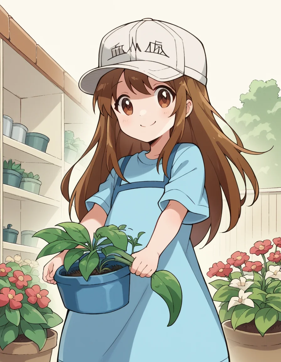 score_9, score_8_up, score_7_up, source_anime, <lora:platelet-s1-ponyxl-lora-nochekaiser:1>, platelet, long hair, brown hair, brown eyes,, shirt, hat, short sleeves, boots, white headwear, blue shirt, flat cap,, gardening, watering plants, backyard, flowers blooming, sunny day,, smile, looking at viewer, arm holding an object, solo,, cowboy shot, dutch angle