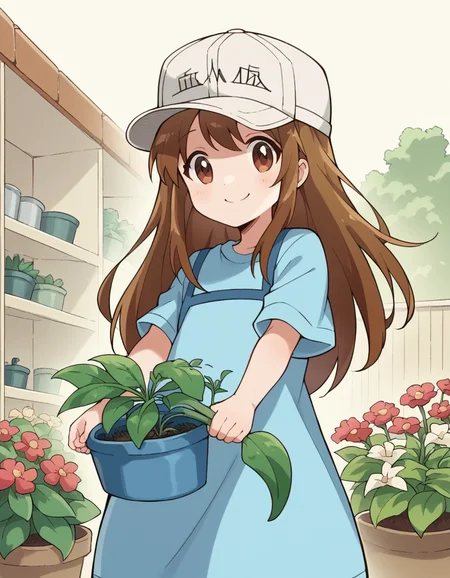 score_9, score_8_up, score_7_up, source_anime, <lora:platelet-s1-ponyxl-lora-nochekaiser:1>, platelet, long hair, brown hair, brown eyes,, shirt, hat, short sleeves, boots, white headwear, blue shirt, flat cap,, gardening, watering plants, backyard, flowers blooming, sunny day,, smile, looking at viewer, arm holding an object, solo,, cowboy shot, dutch angle