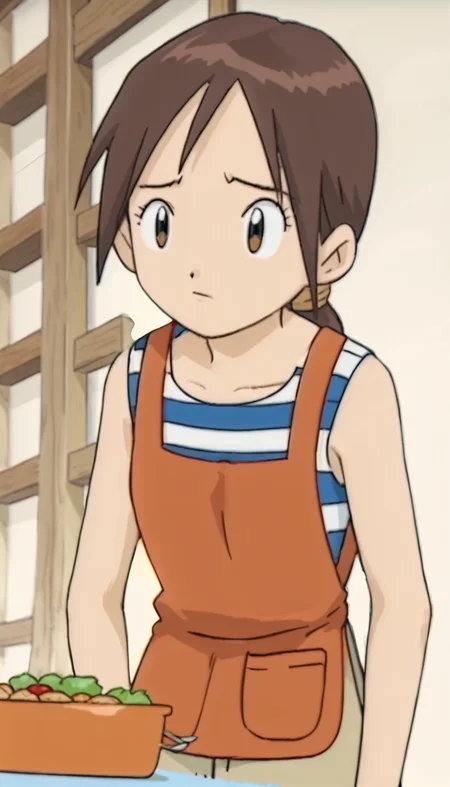 yagamiyuuko,striped,beige pants,brown hair,brown eyes,ponytail,tank top,<lora:å
«ç¥è£å-000011>,apron,, anime screencap,score_9,simple background,