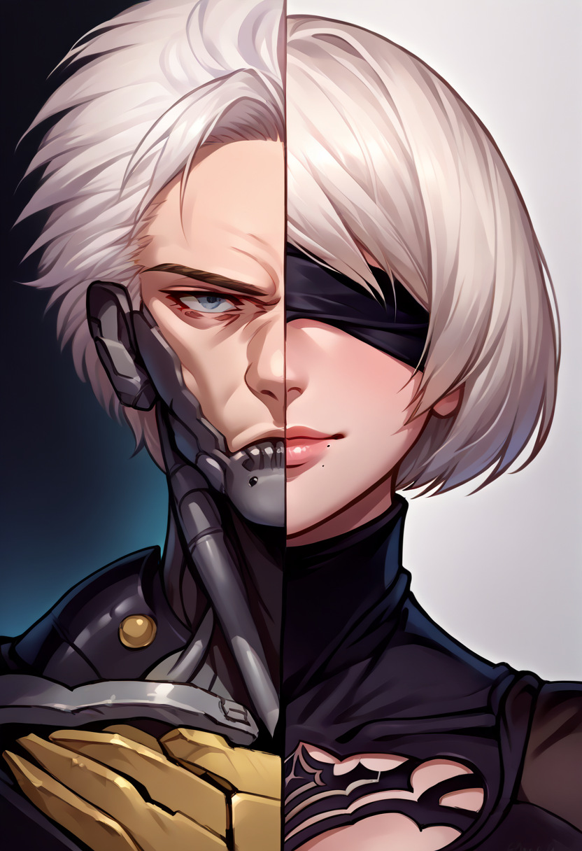 score_9, score_8_up, source_anime, <lora:Splitscreen_XLPD:0.6>, upper body, split screen, splitscreen,
BREAK <lora:RaidenMGR_XLPD:1>, raidenmgrdef, cyborg, black bodysuit, 1boy, expressionless, white hair, 
BREAK 1girl, 2b \(nier:automata\), nier:automata, blindfold, seductive smile, android, short hair, black dress,