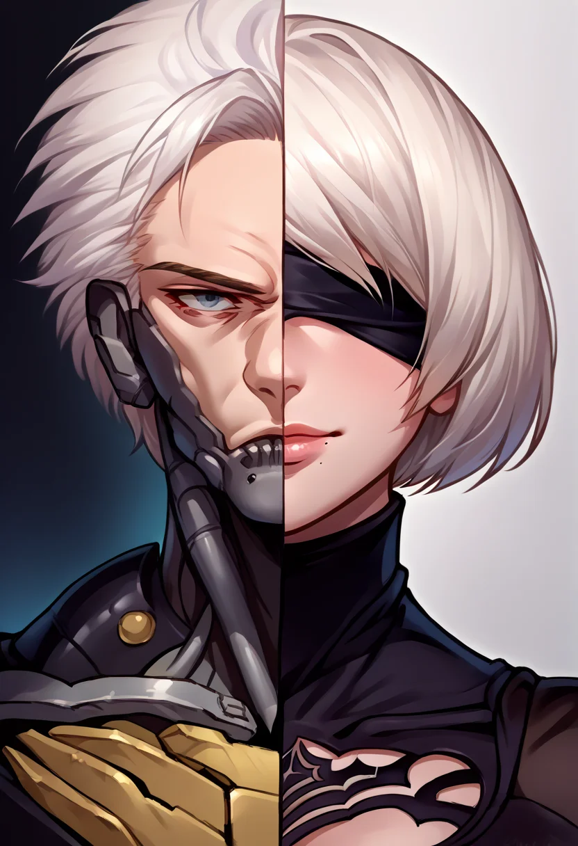 score_9, score_8_up, source_anime, <lora:Splitscreen_XLPD:0.6>, upper body, split screen, splitscreen,
BREAK <lora:RaidenMGR_XLPD:1>, raidenmgrdef, cyborg, black bodysuit, 1boy, expressionless, white hair,
BREAK 1girl, 2b \(nier:automata\), nier:automata, blindfold, seductive smile, android, short hair, black dress,