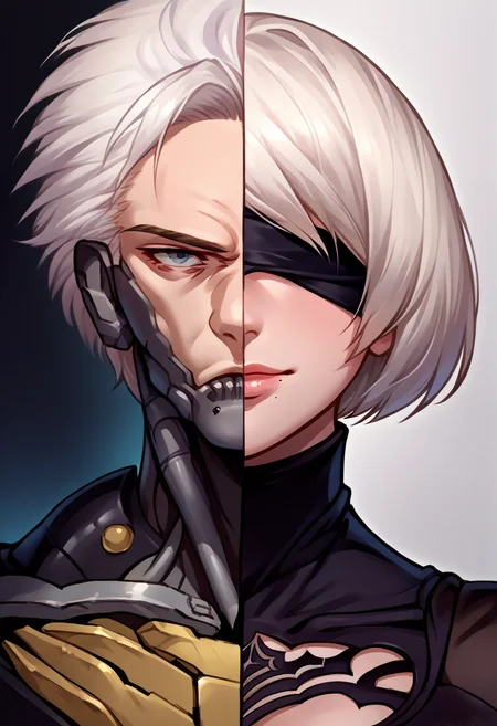 score_9, score_8_up, source_anime, <lora:Splitscreen_XLPD:0.6>, upper body, split screen, splitscreen,
BREAK <lora:RaidenMGR_XLPD:1>, raidenmgrdef, cyborg, black bodysuit, 1boy, expressionless, white hair,
BREAK 1girl, 2b \(nier:automata\), nier:automata, blindfold, seductive smile, android, short hair, black dress,