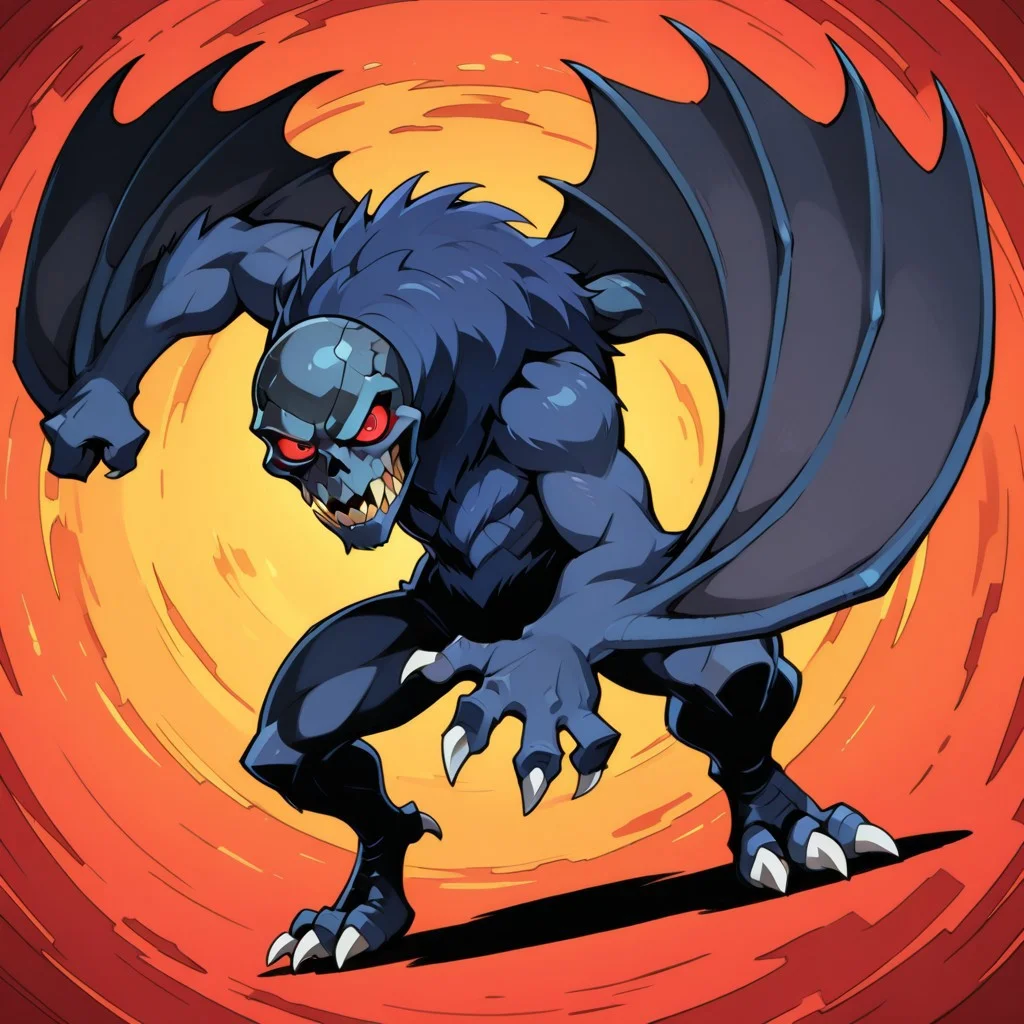 gurlagcatch, solomon, kaiju, demonic kaiju, no humans, humanoid, skull face, monster, dark blue fur, dark blue skin, glowing red eyes, sharp teeth, humanoid arms, sharp claws, white claws, bat wings coming out of his arms, 4-fingered hands, bird feet with 2 fingers, solo, dynamic angle, thick outline, wide shot, dynamic pose, dramatic shadow,