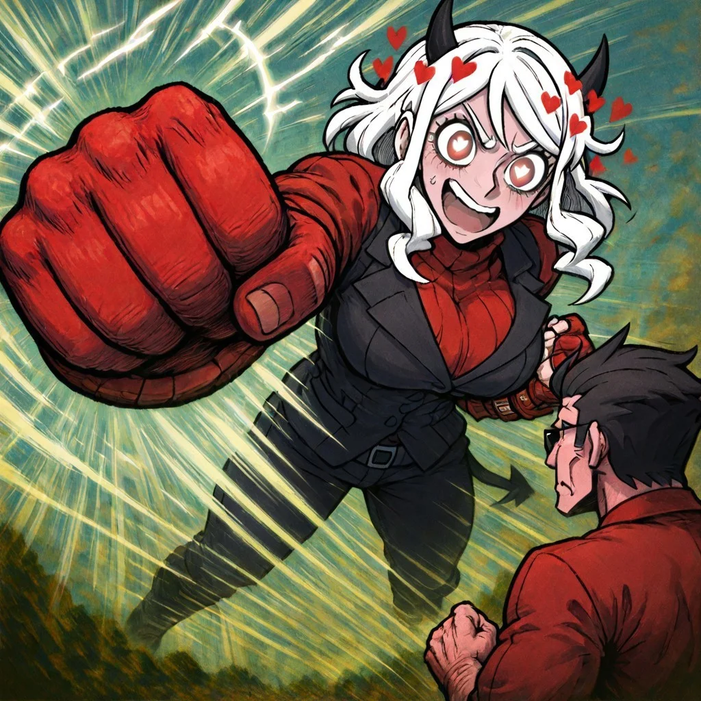 masterpiece, best quality, newest, absurdres, highres, anime, anime style, OPMSP-V1.1, punching, incoming punch, incoming attack, clenched hand, 1boy, helltaker (helltaker), black hair, short hair, muscular, muscular male, sunglasses, glasses, BREAK 1girl, modeus (helltaker), white hair, horns, hearts, symbol shaped pupils, battle, size difference, giant, from behind