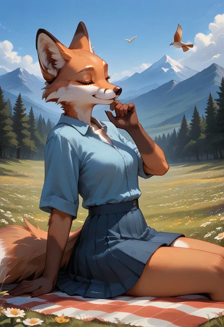 score_9, score_8_up, score_7_up, easynegative, EyesHD, realistic style, detailed face, 1girl, Lyssa, fox girl, (anthro fox girl: 1.2), sitting on a pillow, on a picnic blanket, on top of a hill, mountain view, wind, gentle clouds, flowers, bird in distance, outdoors, pleasant scene, leaning back, close up, from side, from front, skirt, laughing, eyes closed, hand up,