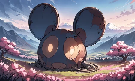 a gigantic mikey mouse head structure lying in a field, rusted metal,  best quality, epic landscape, nature, masterpiece, intricate, highly detailed,  cinematic lights, <lora:abslandsdxl:0.7>, abslandsdxl, mountains, cherry blossom trees, mount fuji,