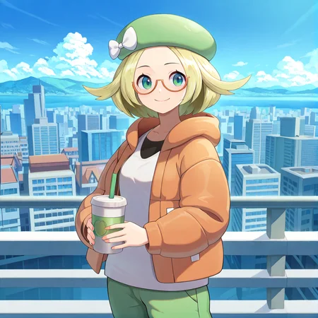 (masterpiece), (best quality), (ultra-detailed), amazing quality, very aesthetic, illustration, perfect composition, intricate details, absurdres, incredibly absurdres, <lora:bianca_bw2_illustrious:1>, biancabw2,1girl, solo, blonde hair, beret, orange jacket, open jacket, white shirt, smile, glasses, outdoors, cityscape, white bow, hat bow, green pants, holding drink, straw,