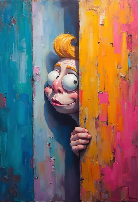 A quirky, cartoonish character peeks in from the right side of the vertical canvas, its head appearing to push the frame as if it's bending reality, creating a surreal and playful interaction between the character and the canvas, Vibrant Glow