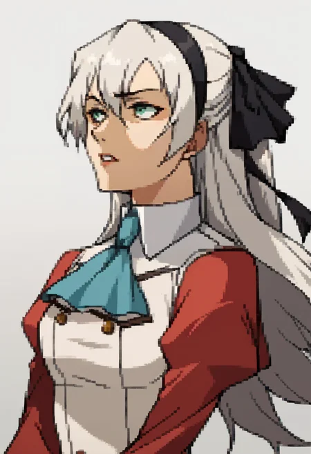 score_9, score_8_up, score_7_up, source_anime, BREAK ,solo, 1girl,  <lora:P2-Protraits-pdxl_Fp:1>, portrait, simple background, <lora:elie-pdxl-nvwls-v1:1>, zeroElie, black hairband, hair ribbon, long hair, ascot, uniform, long red sleeves, white dress, white hair, green eyes