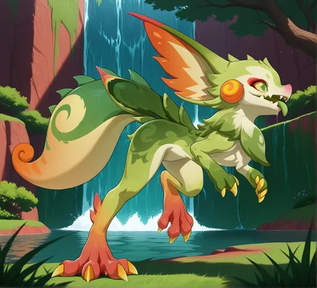 masterpiece, best quality, amazing quality, furry, (feral),
yumkasaurus, furred scalie, furred dragon, (large tail, round tail, thick tail), pink nose, cheek bulge, orange cheeks, multicolored body, multicolored tail, green fur, red feet, green hands, long legs, short arms, yellow claws, neck tuft, tail feathers, full body, yellow sclera, flesh fangs, green eyes, 4 toes, 3 fingers, leaning forward,
action pose, standing, on one leg, tongue out, swamp green tongue, green tongue,
BREAK,
detailed background, short green grass, green savannah background, waterfall, tree, bushes,