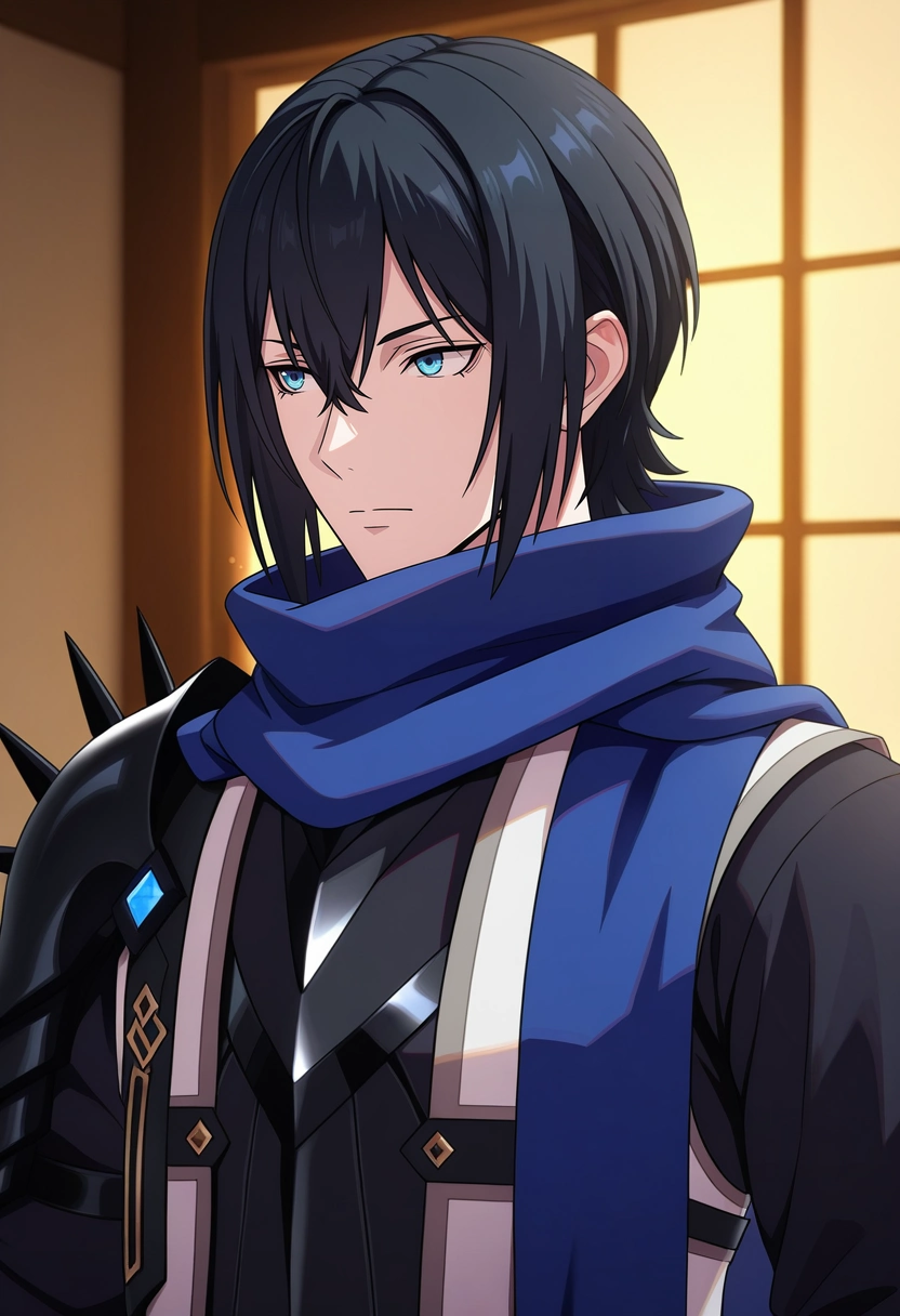 masterpiece, best quality, , (3d:0.4),, 1boy, solo, male focus, <lora:ren_amaki_ilxl:0.92>, ren_amaki, black hair, blue eyes, hair between eyes, blue scarf, black shirt, armor, black gloves, ,