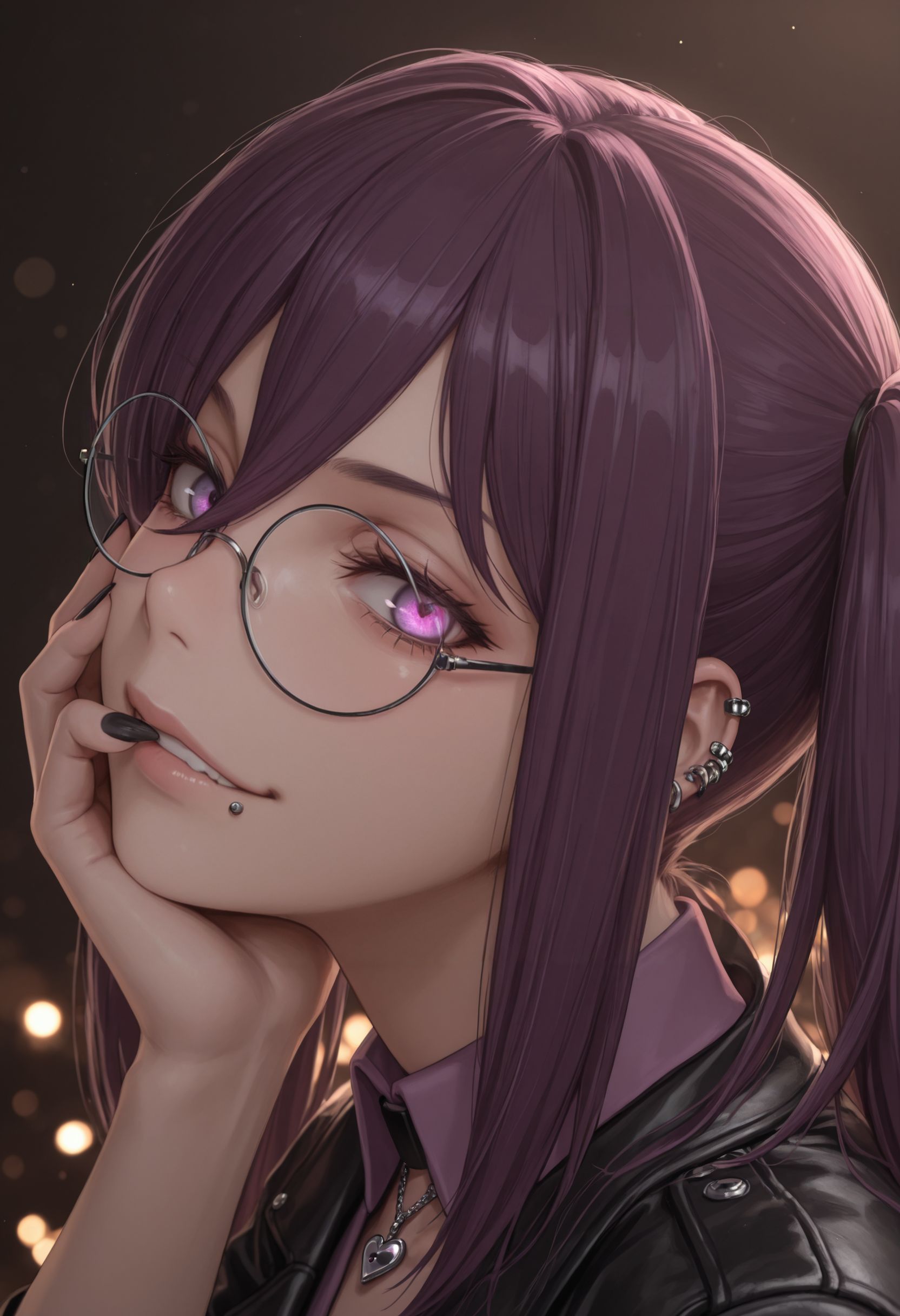masterpiece,best quality,absurdres,highres,very aesthetic,high quality,detailed,insanely detailed,beautiful,perfect lighting, ,depth of field,blurry background,bokeh, looking at viewer, 
very aesthetic, , very awa  ,    <lora:Mitori Kouzaku illu V2:1> 1girl, twintails, purple hair, long hair, hair between eyes, purple eyes, leather jacket, see-through shirt, heart choker, ear piercings, lip piercing, black fingernails, sharp fingernails, round eyewear,, smirk, portrait, face focus, fisheye lens, glowing eye, hand on own face, head tilt, looking aside, from side,
