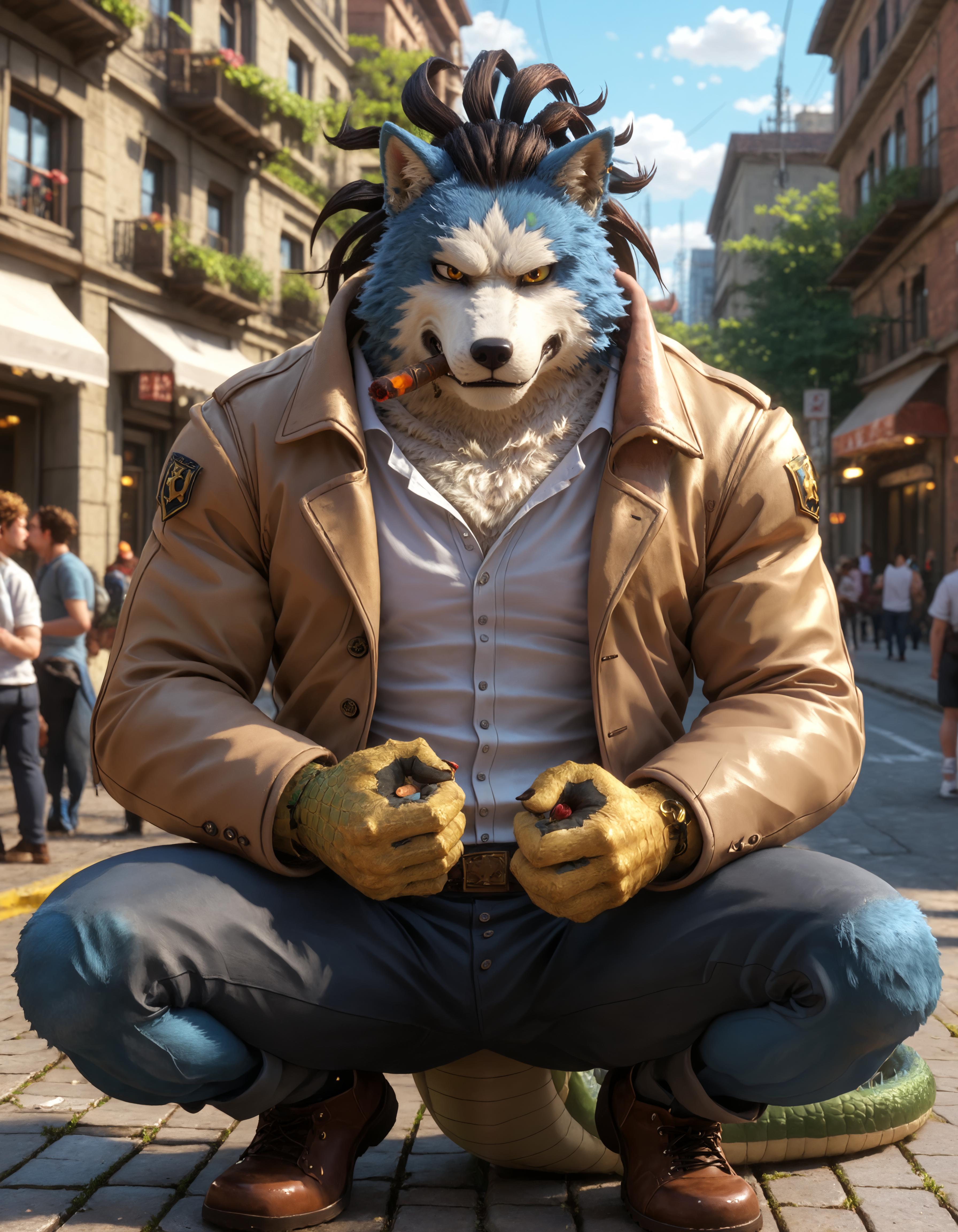 score_9, score_8_up, score_7_up, BREAK rating_safe,  detailed, cinematic lighting, hdr, masterpiece, best quality, ultra realistic, 4k, 2k, film photography, RAW photo, photorealistic, analog style, subsurface scattering, photorealism, <lora:add-detail-xl:2.5>,  <lora:2.5DRealisticV2.safetensors:0.20>, <lora:sinfully_stylish_SDXL.safetensors:0.6>,  <lora:AdvancedEnhancerXLv2.safetensors:0.8>, <lora:<lora:Chojuro_Kon_Chimera_My_Hero_Academia.safetensors:0.7>, solo, anthro, chojuro_kon_Ñhimera, furry, male focus, 1boy, furry male, solo, coat, animal ears, wolf ears, shirt, scalie hands, cigar, green scalie tail (close-up, squatting looking at another rub hands, confused, neverland waterline view city blizzard:1.15)