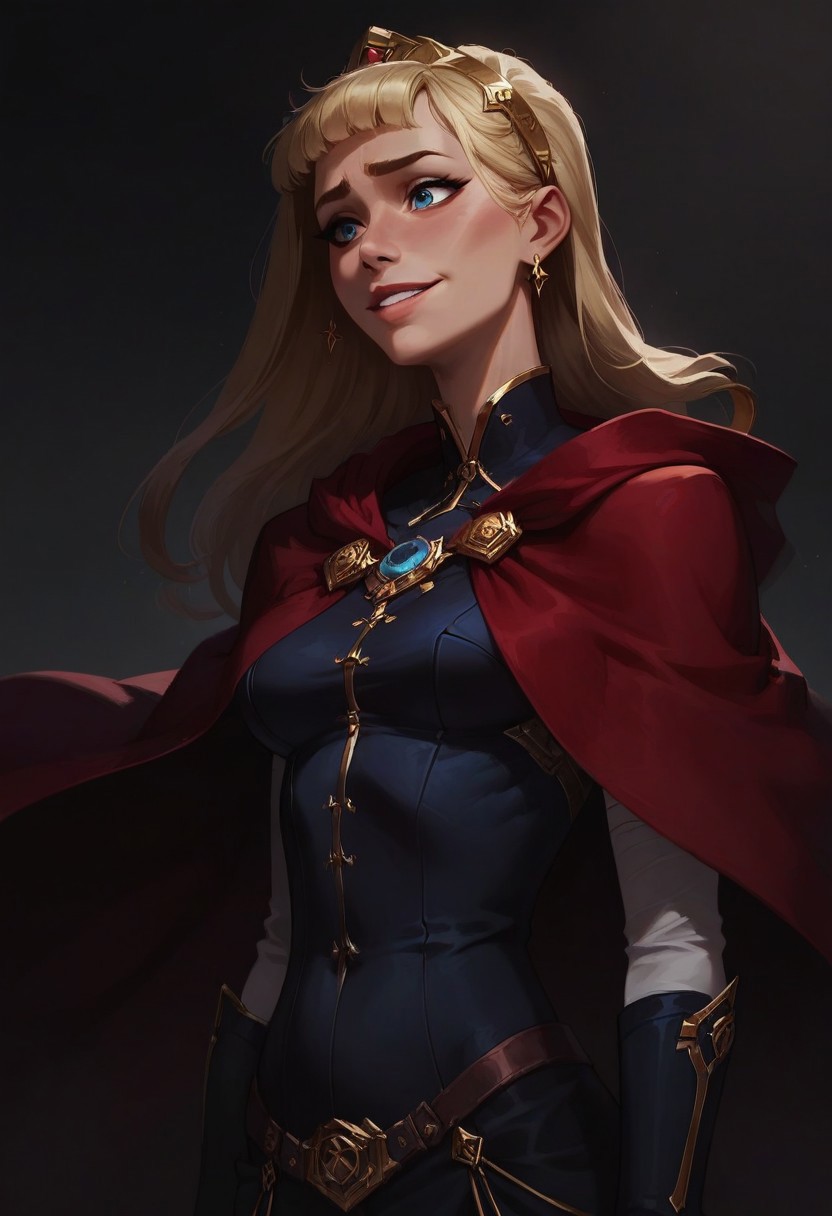 score_9, score_8_up, score_8_up, raw, masterpiece, best quality, perfect anatomy, very aesthetic, absurdres,
perky breasts, 
1girl, solo, cagliosaka,  blonde hair, half-closed eyes, nervous smile, red cape,
rating safe, standing, 
cowboy shot,  
simple grey background, Expressiveh, concept art, realistic, dark theme, low light, arcan3styl3v1,