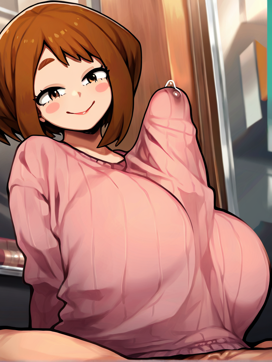 masterpiece,best quality,newest,absurdres,highres,<lora:Coffeelove Redux NoobAI 32 DIM Prod:1>,
1girl,solo,large breasts,uraraka ochako,baggy sweater,smile,v,lipstick,
paizuri under clothes,huge penis,veiny penis,precum through clothes,
motion lines,