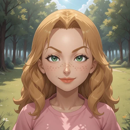 score_9, score_8, BREAK, solo, mii, wii, female wii, 1girl, wii sports, blonde hair, dark blonde eyebrows, green eyes, freckles, lips, pink clothing, white pants, shoes, nintendo mii, modern_mii, classic_mii, breasts, Rachel_(Wii_Sports), cute, sexy pose, smile, outdoors, sunlight, shadows, evening lighting, natural lighting, forest, trees, grass, orange sky, sunset