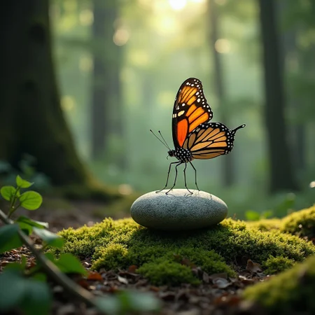 semi-natural, the stone is tied by a thread to a butterfly in flight, in the middle of the forest, moss. trees, frame level from the ground,