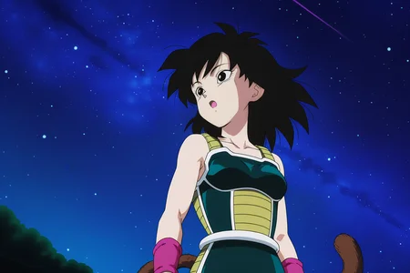 anime screencap, absurdres, high quality, official style,
gine, official style, 1girl, shadow, solo, long hair, breasts, open mouth, star \(sky\), black hair, night sky, bare shoulders, medium breasts, collarbone, upper body, cowboy shot, medium hair, :o, black eyes, floating hair, looking away, from below, spiked hair, pink wristband, arm at side, serious, arms at sides, looking afar, monkey tail, saiyan armor, eyebrows, green saiyan armor, looking at another, white trim
<lora:Gine_IL:0.8>