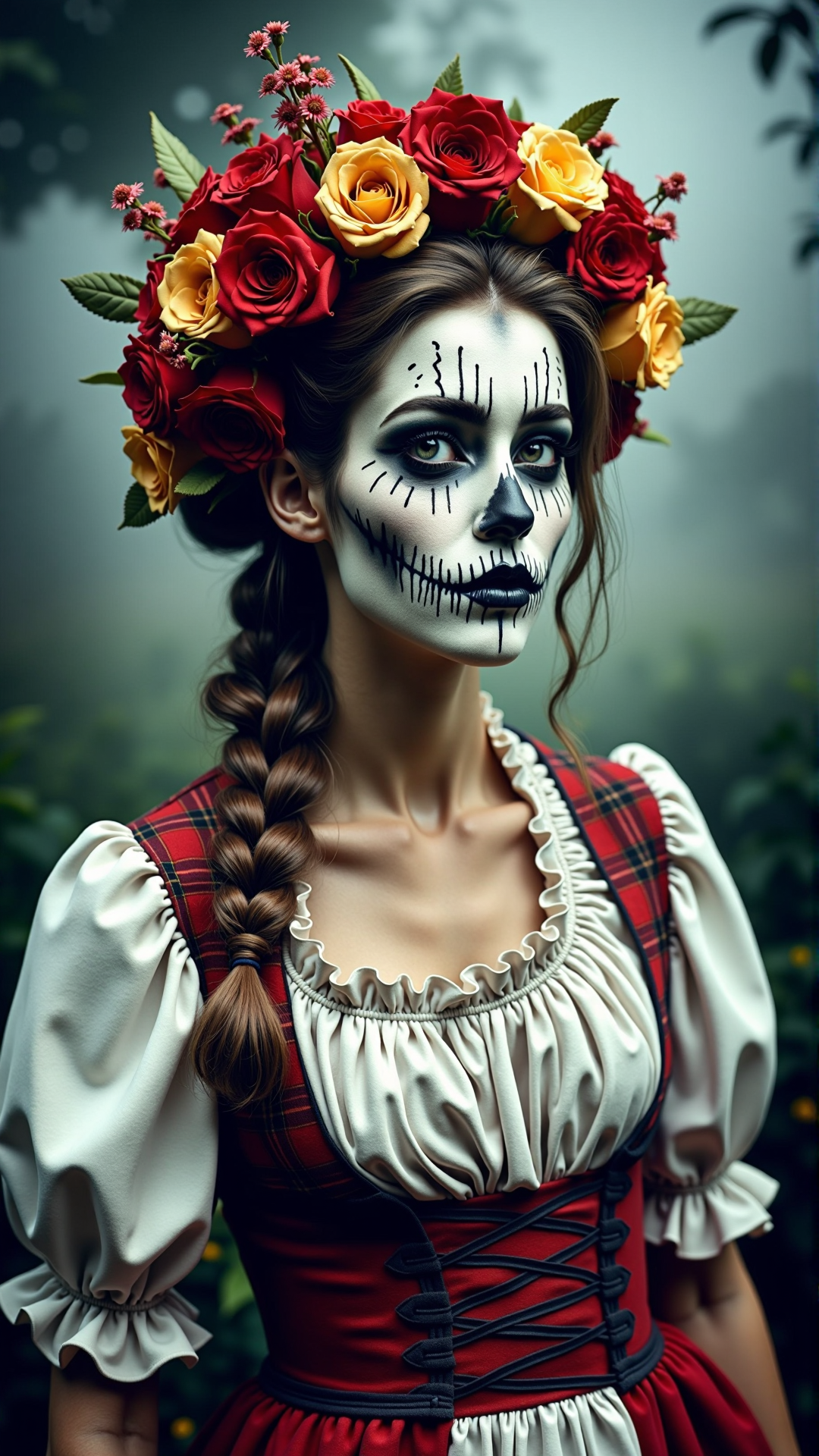 A realistic photo of a halloween a Romanian woman with porcelain skin, wearing a traditional ie blouse, at a midsummer festival<lora:DarkmosphericFlux:0.65>