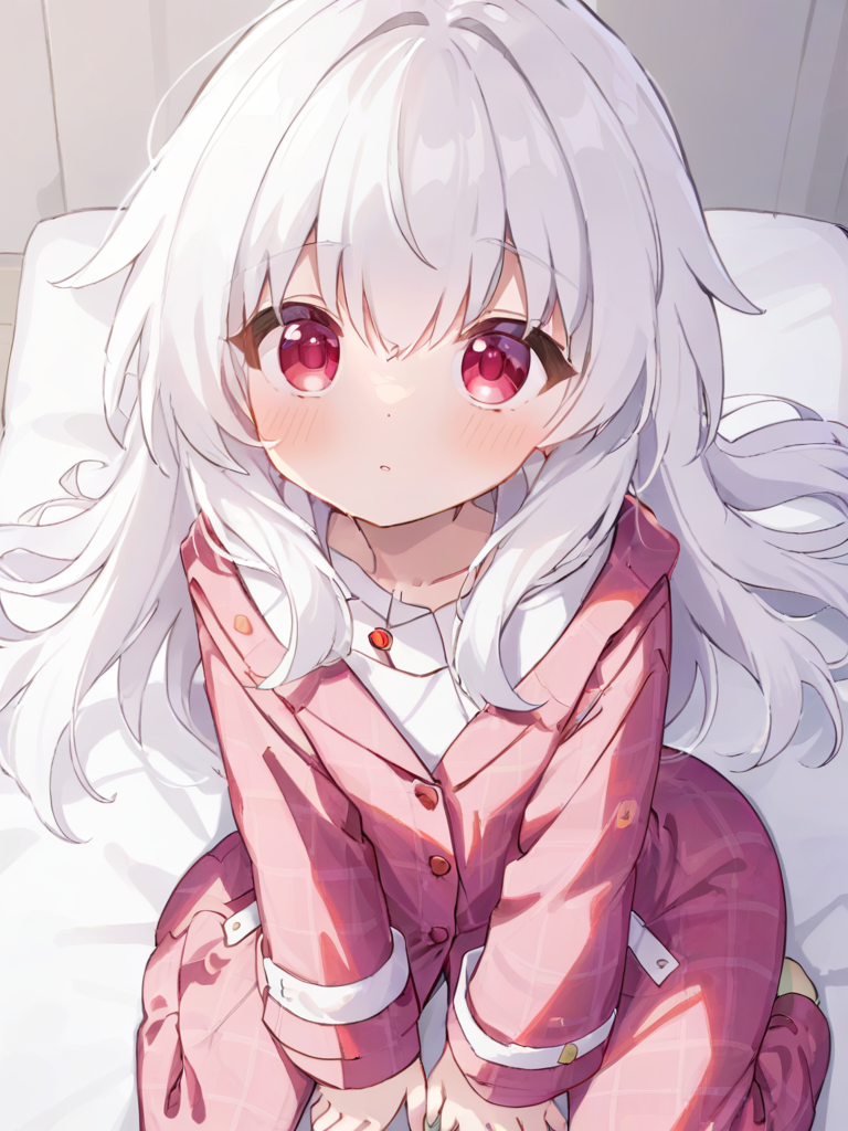 kelala girl,white hair,Red eyes,<lora:xl_kelala girl-000011:1>,pajamas,