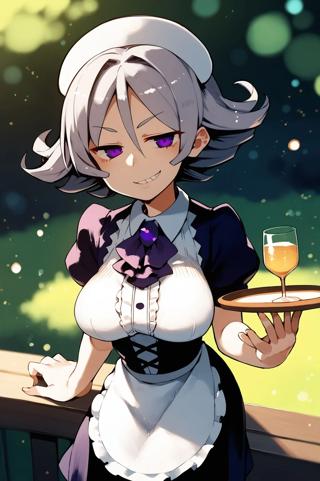 score_9, score_8_up, score_7_up, 1girl, smirk, light_grey hair, straight-across_fringe, dark_purple eyes, breasts, hands_on_hip, waitress, outdoors, glitter particles <lora:masha_PonyXL_style_v01:1>